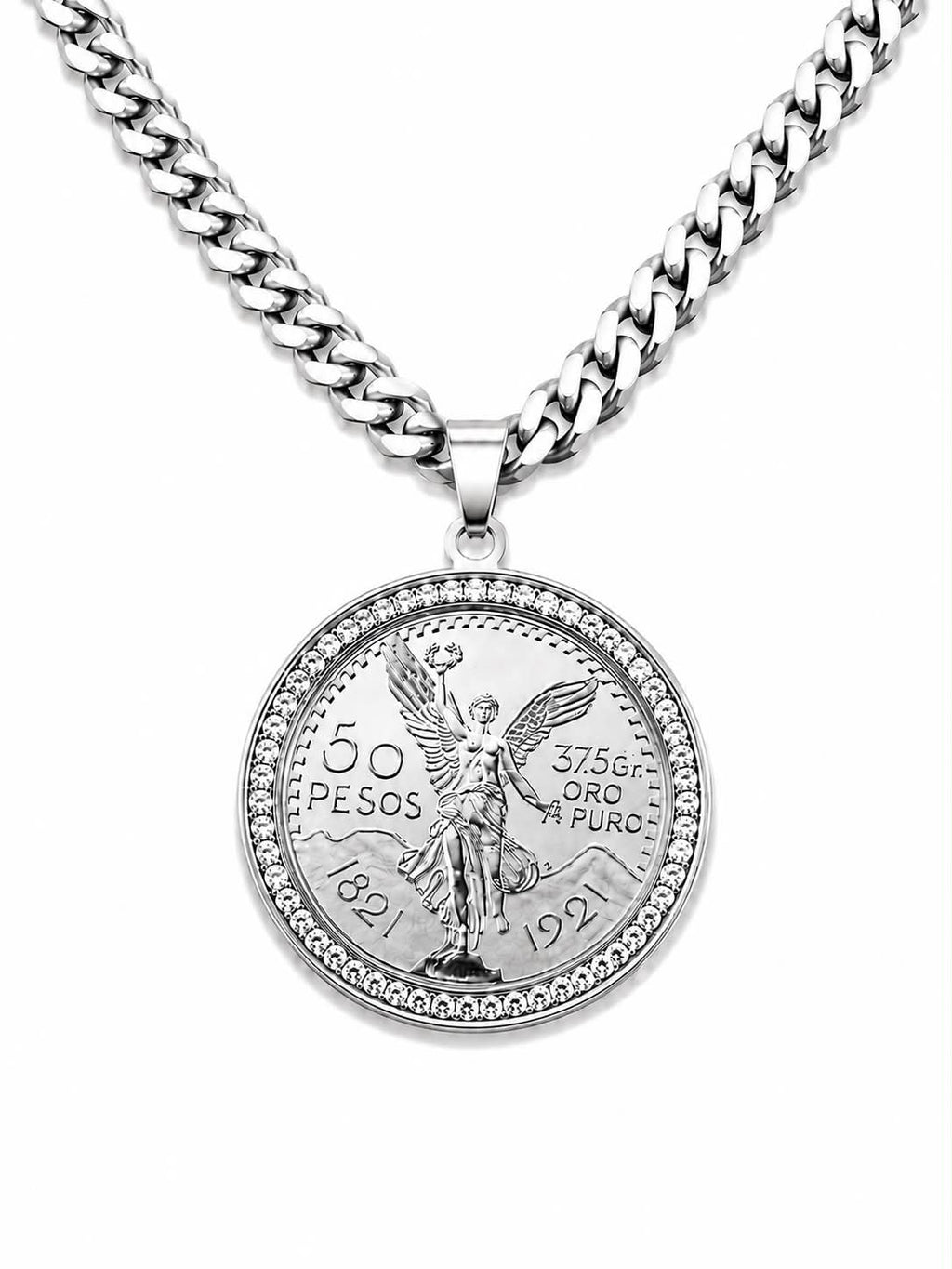 ROVIA Stainless Steel Mexican Centenario Centenary 50 Pesos Jewelry, 24" 6mm Chain & Link