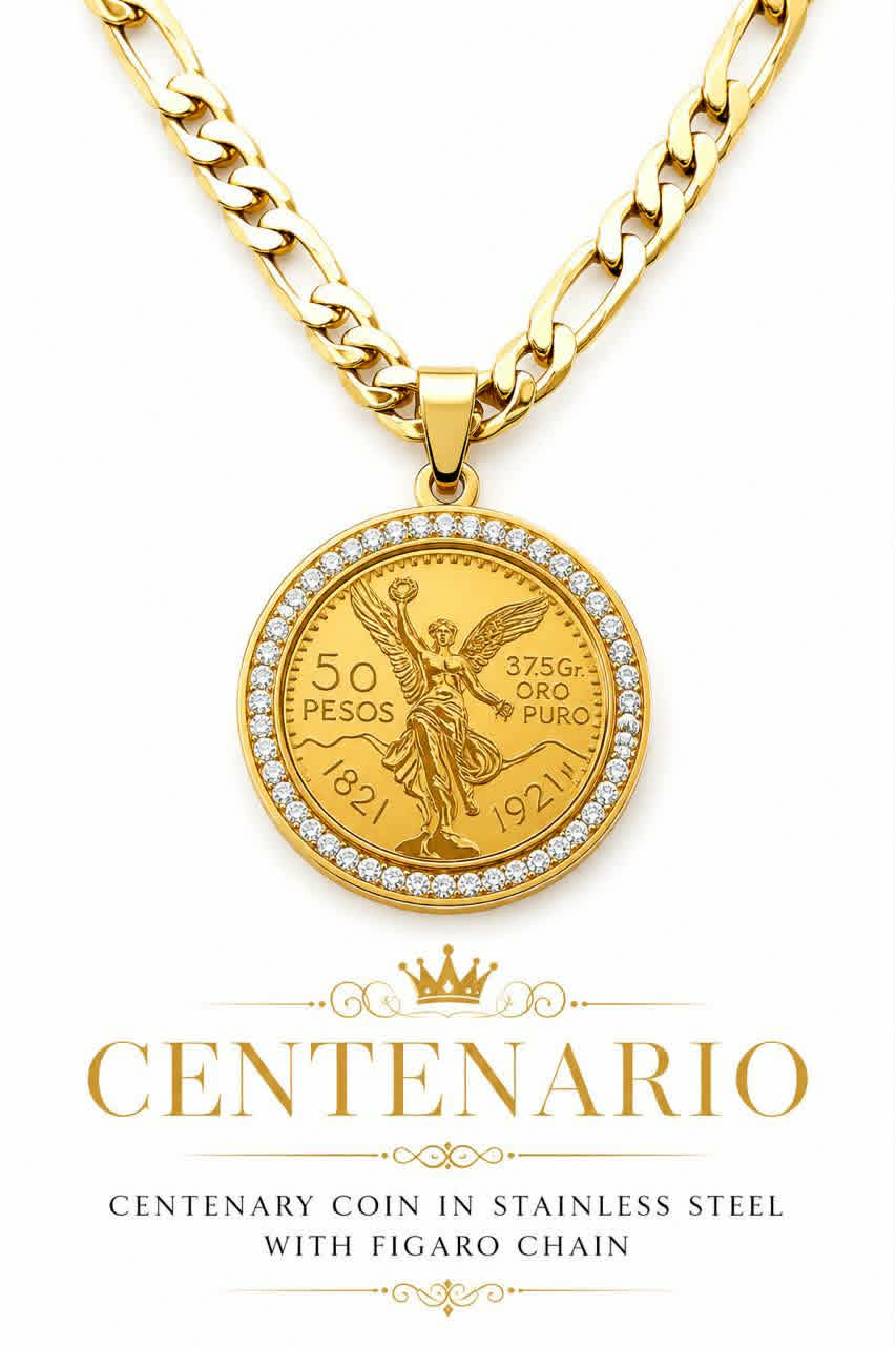 ROVIA Stainless Steel Mexican Centenario Centenary 50 Pesos Jewelry, 24" 6mm Chain & Link