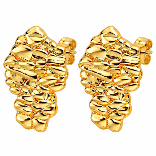 14K Gold Plated 12mm x 20mm M Rough Nugget Stud Earrings – Textured Unisex Fashion Jewelry