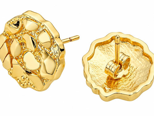 14K Gold Plated 12mm Round Nugget Stud Earrings – Textured Unisex Brass Jewelry