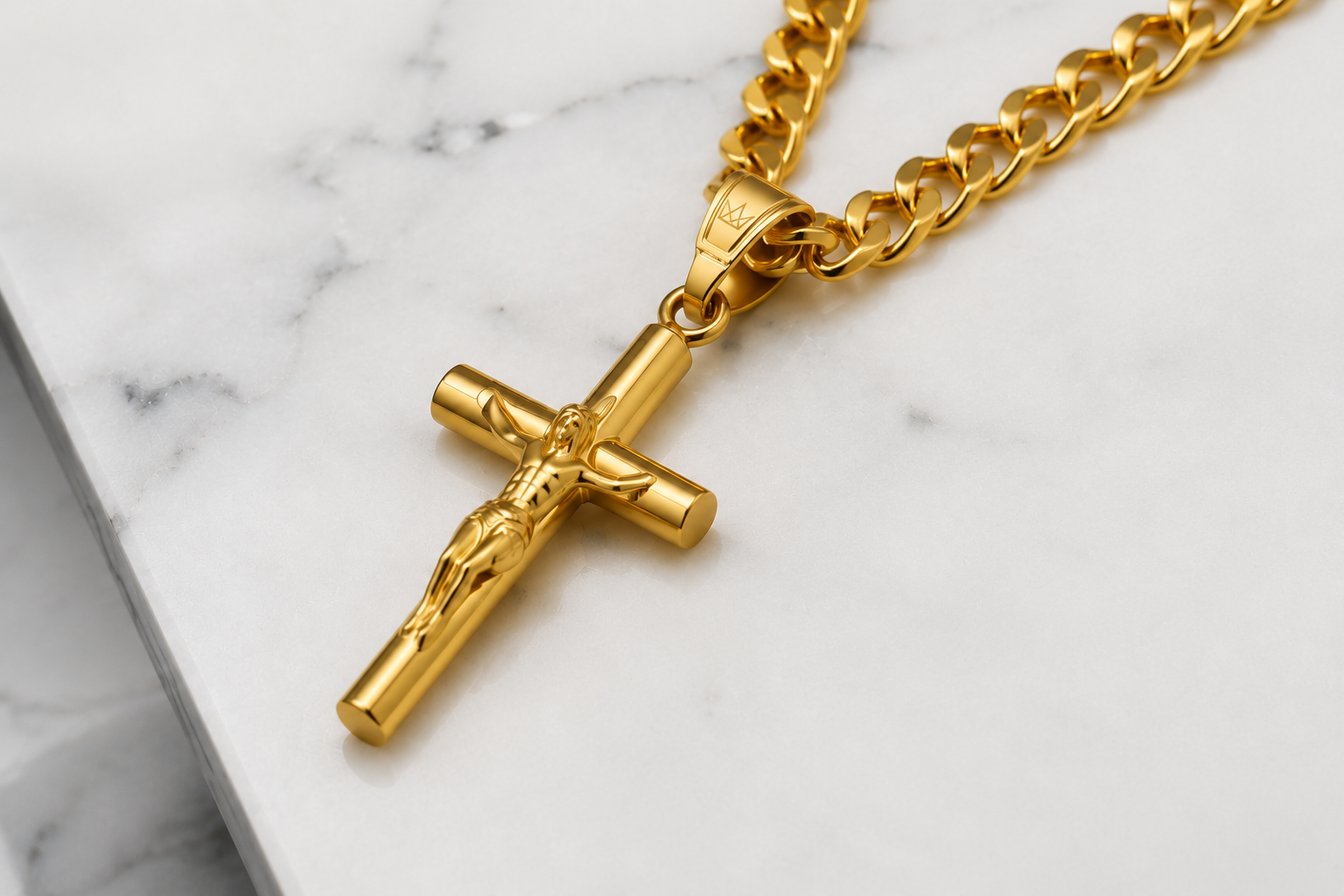18K Gold Jesus Crucifix Pendant Necklace with Cuban Chain