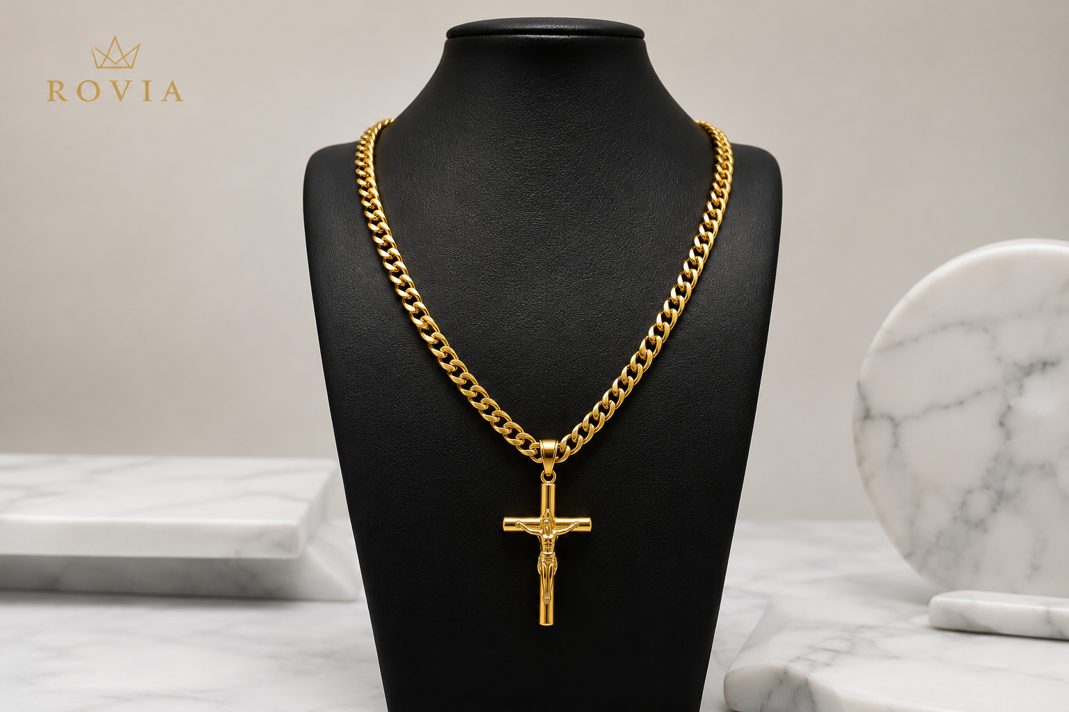 18K Gold Jesus Crucifix Pendant Necklace with Cuban Chain
