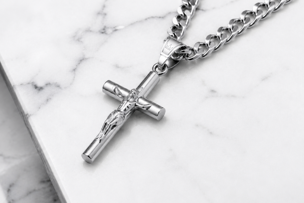 Silver Jesus Crucifix Pendant Necklace with Cuban Chain