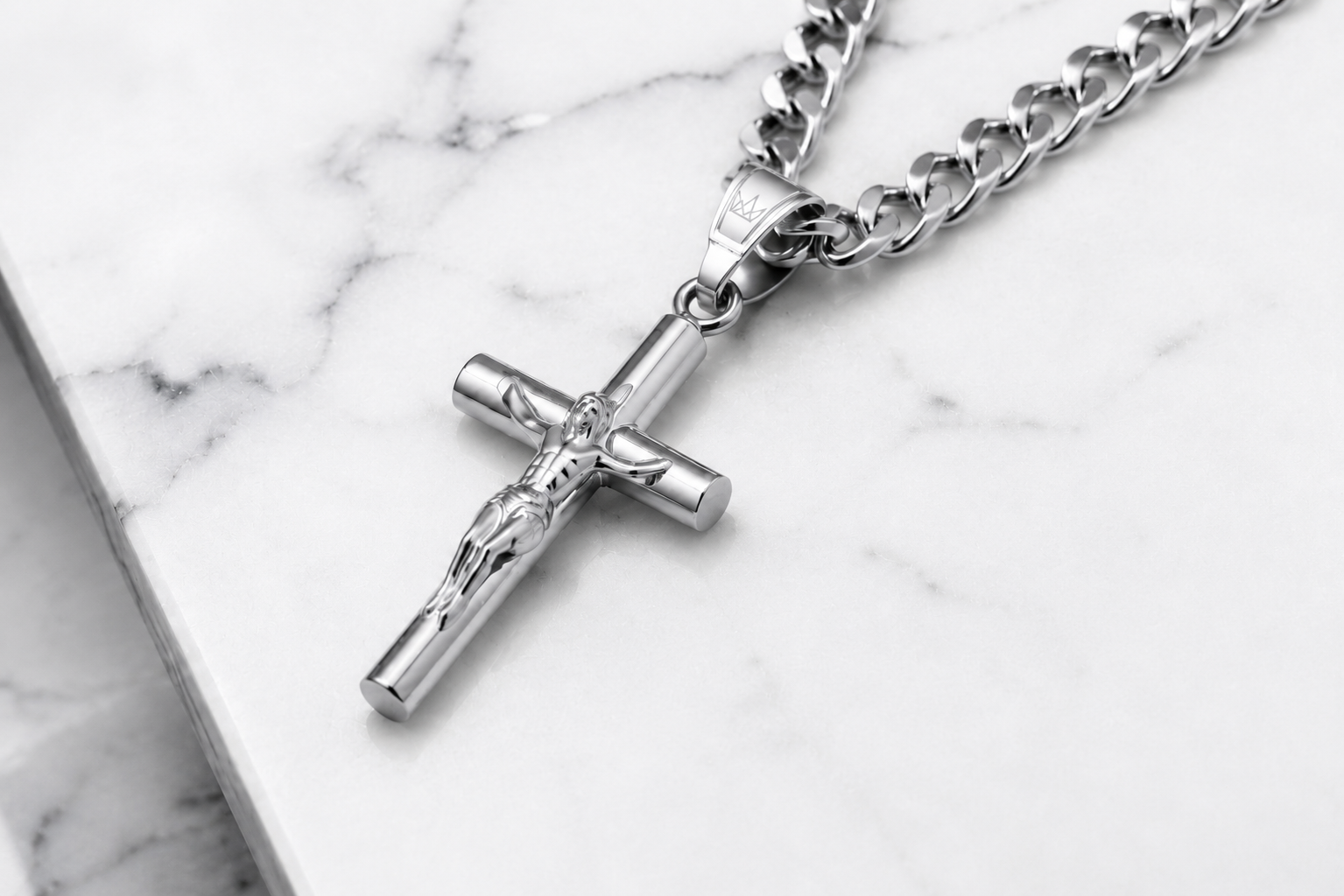 Silver Jesus Crucifix Pendant Necklace with Cuban Chain