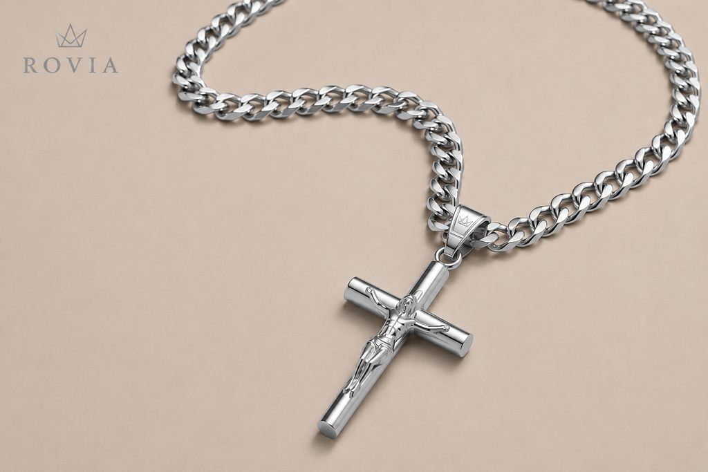 Silver Jesus Crucifix Pendant Necklace with Cuban Chain
