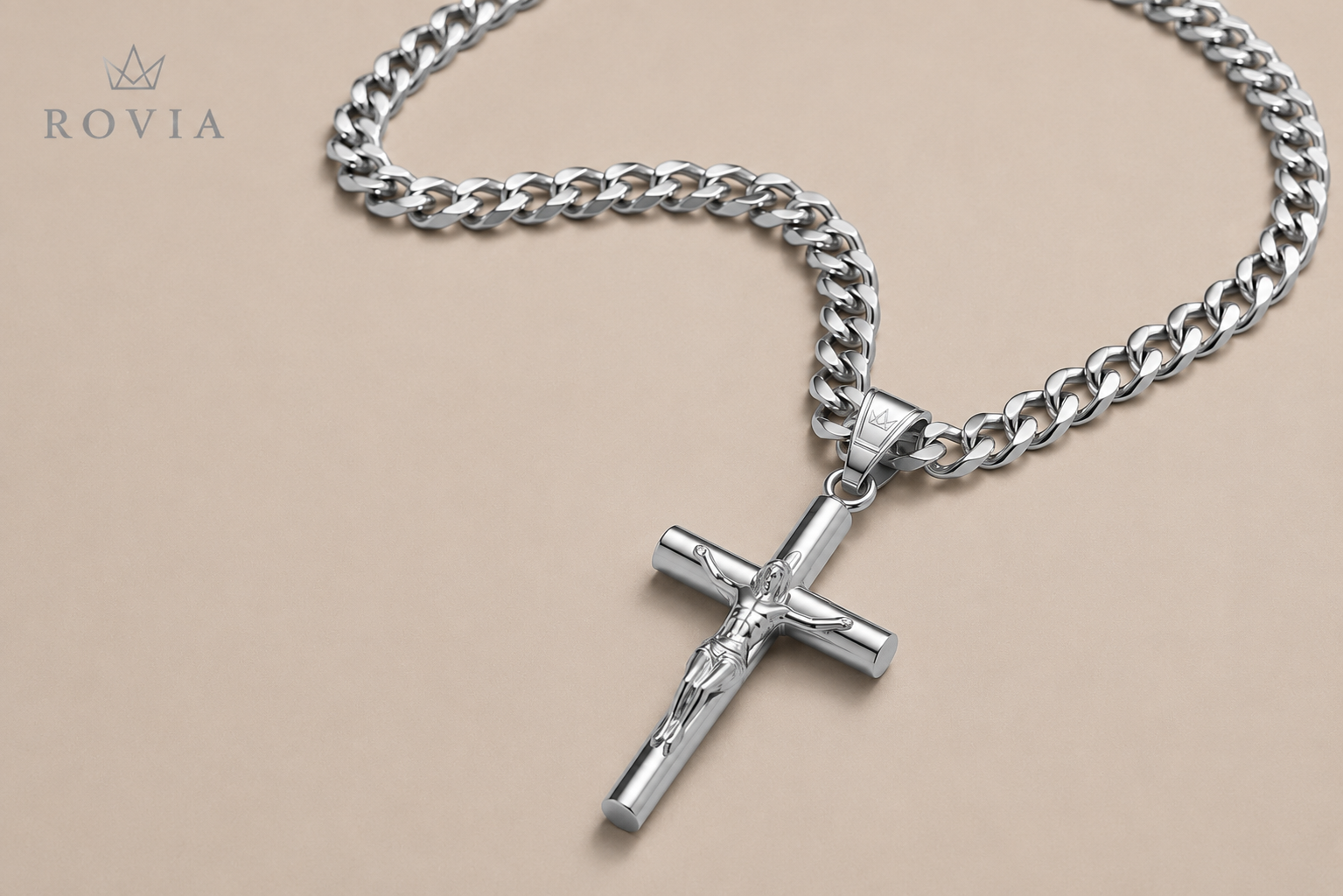 Silver Jesus Crucifix Pendant Necklace with Cuban Chain