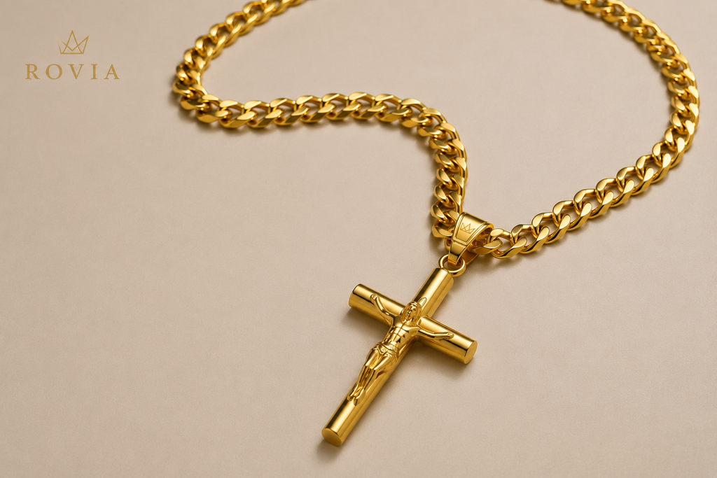 18K Gold Jesus Crucifix Pendant Necklace with Cuban Chain
