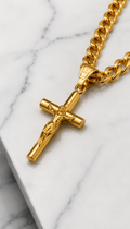 18K Gold Jesus Crucifix Pendant Necklace with Cuban Chain