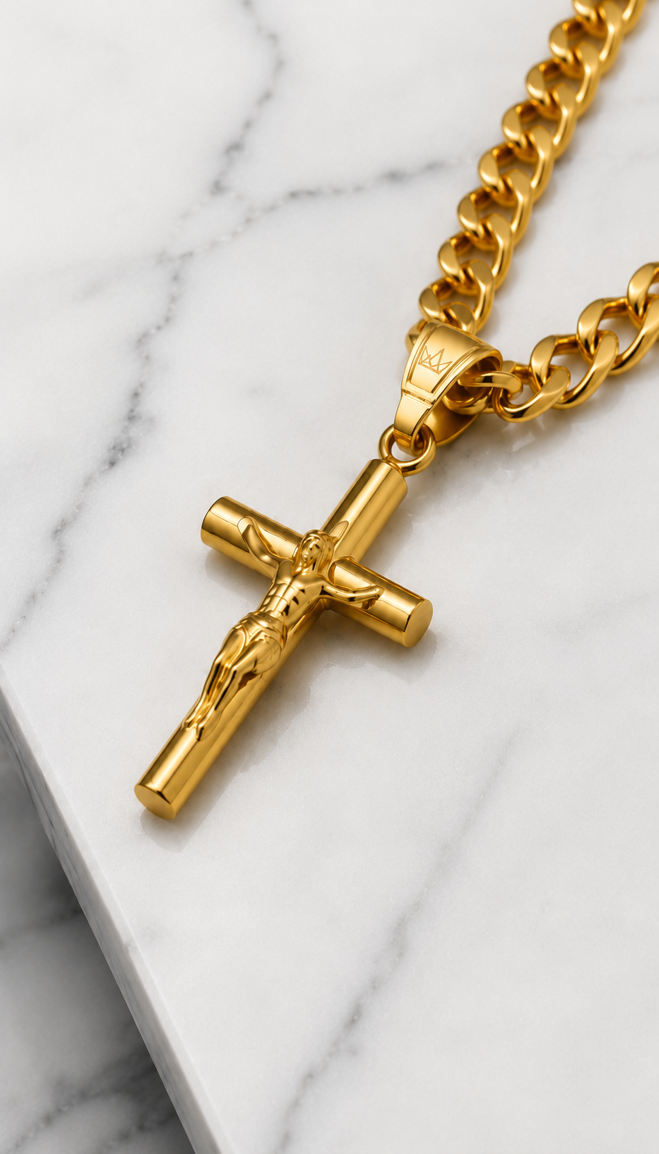 18K Gold Jesus Crucifix Pendant Necklace with Cuban Chain