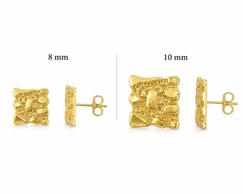 14K Gold Plated 10mm Square Nugget Stud Earrings – Textured Unisex Jewelry