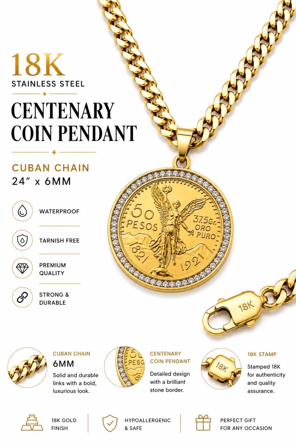 ROVIA Stainless Steel Mexican Centenario Centenary 50 Pesos Jewelry, 24" 6mm Chain & Link