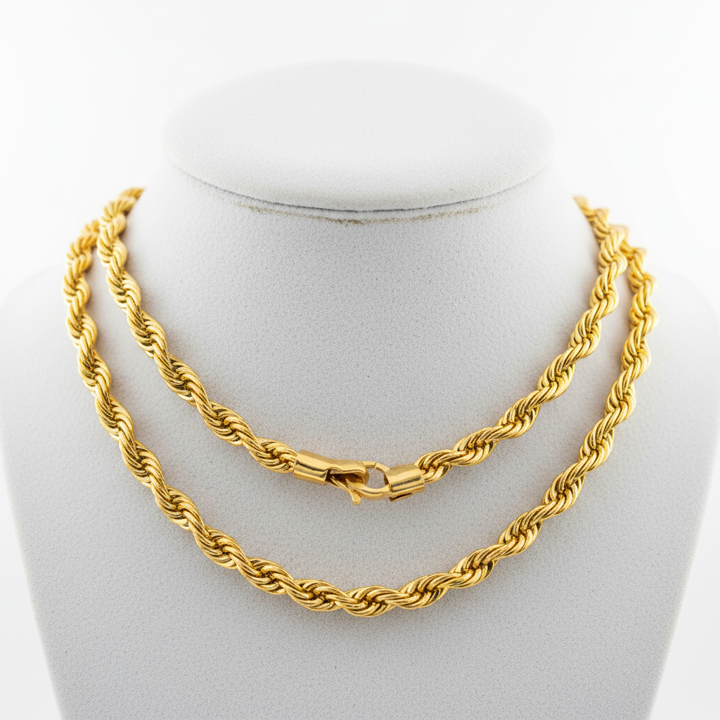 ROVIA 18K Gold Rope Chain Necklace on black velvet display
