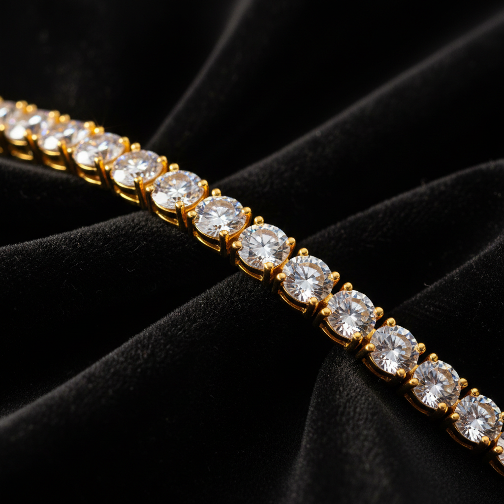 ROVIA 18K Gold Tennis Bracelet with AAA zirconia on black velvet