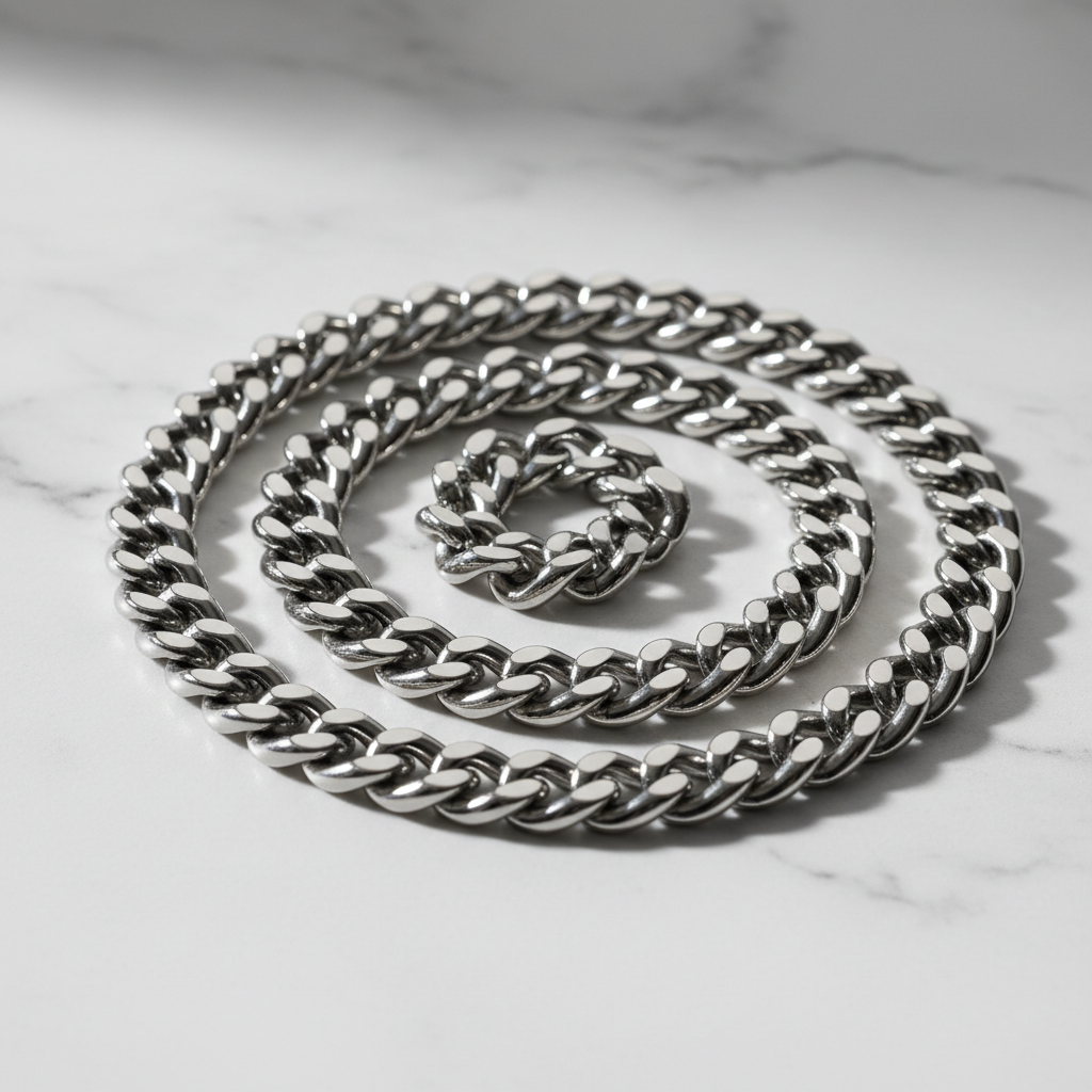 ROVIA Silver Cuban Link Chain 6mm on white marble