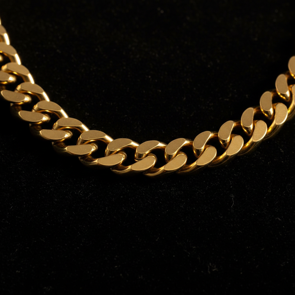 ROVIA 18K Gold Cuban Link Chain 8mm on black velvet
