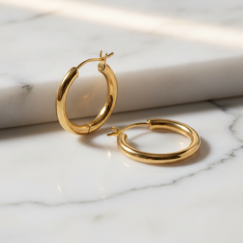 ROVIA 18K Gold Hoop Earrings 30mm on white marble