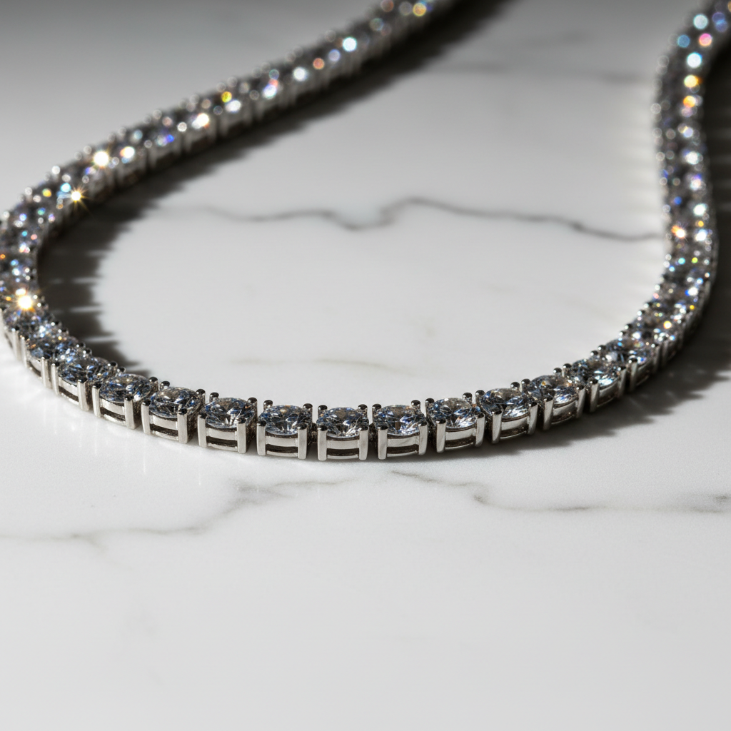 ROVIA Silver Tennis Chain with AAA zirconia on white marble