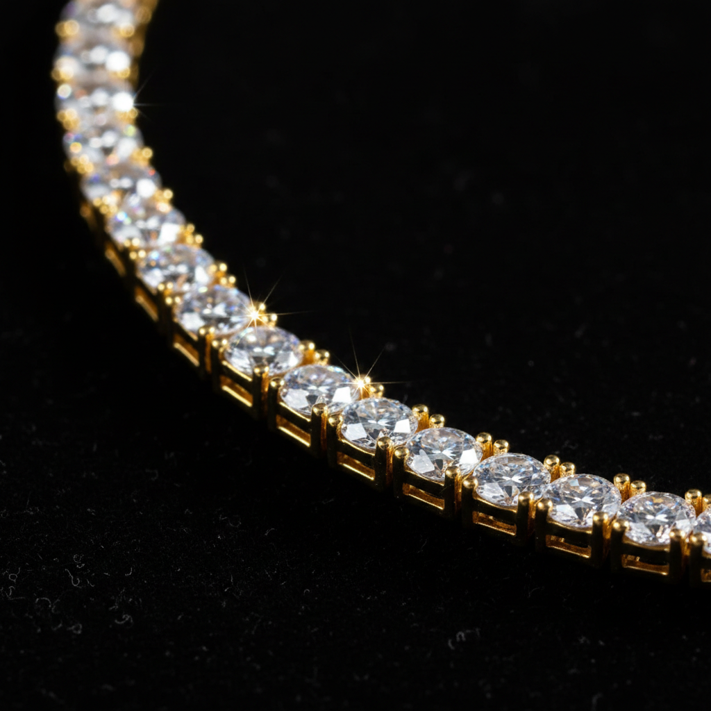ROVIA 18K Gold Tennis Chain with AAA zirconia on black velvet