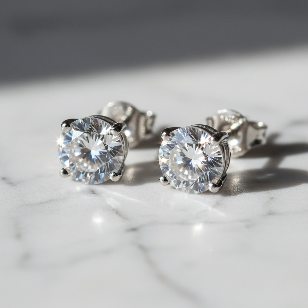 ROVIA Silver Zirconia Stud Earrings 8mm on white marble