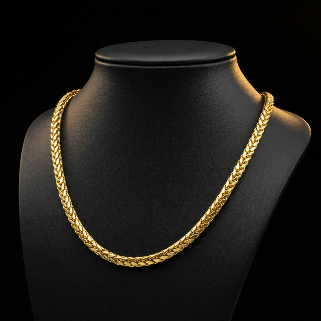 ROVIA 18K Gold Wheat Chain draped over black jewelry stand