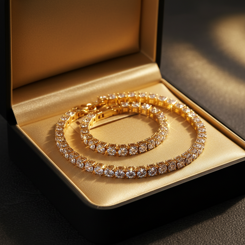 ROVIA Gold Tennis Chain in luxury jewelry box